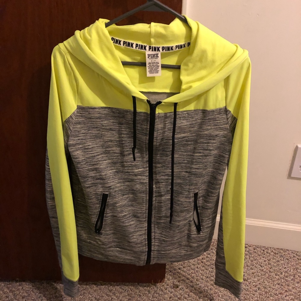 Pink jacket yellow gray hood small